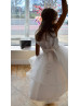 Beaded White 3D Flowers Tulle Tiered Flower Girl Dress